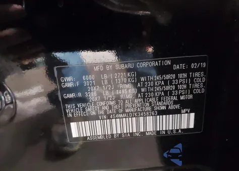 2019 Subaru Ascent Limited из США, поврежденный, VIN 4S4WMALD7K3458263